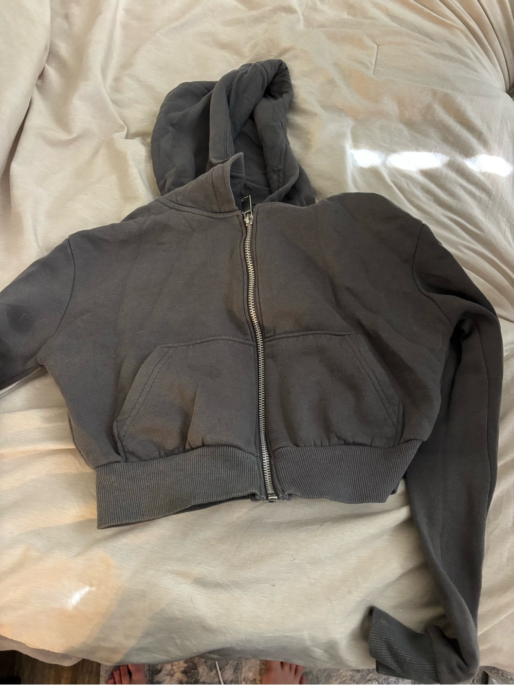 Cropped Hooded Zip Jacket - Gray
